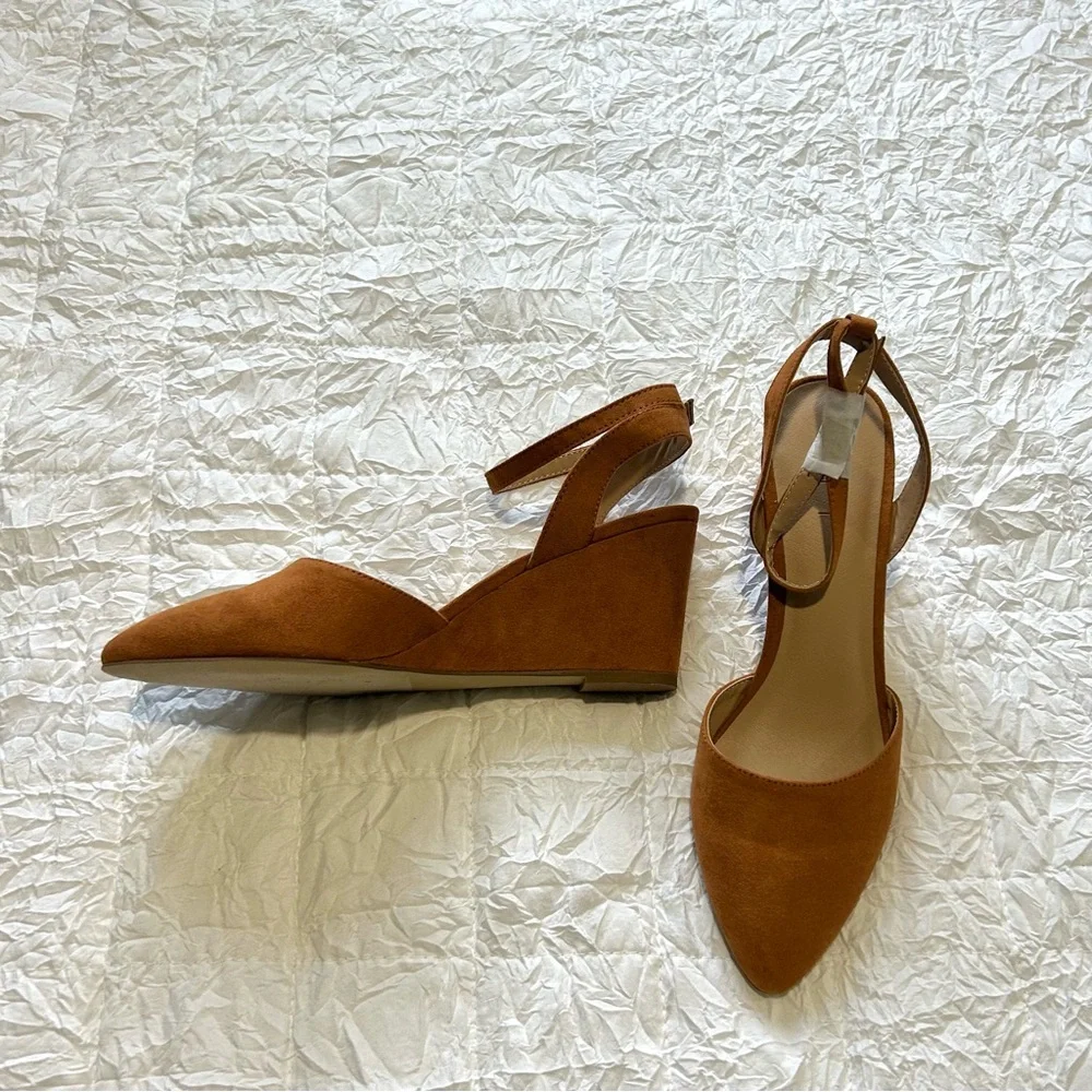 LOFT Cognac Suede Pointed-Toe Wedge Heels